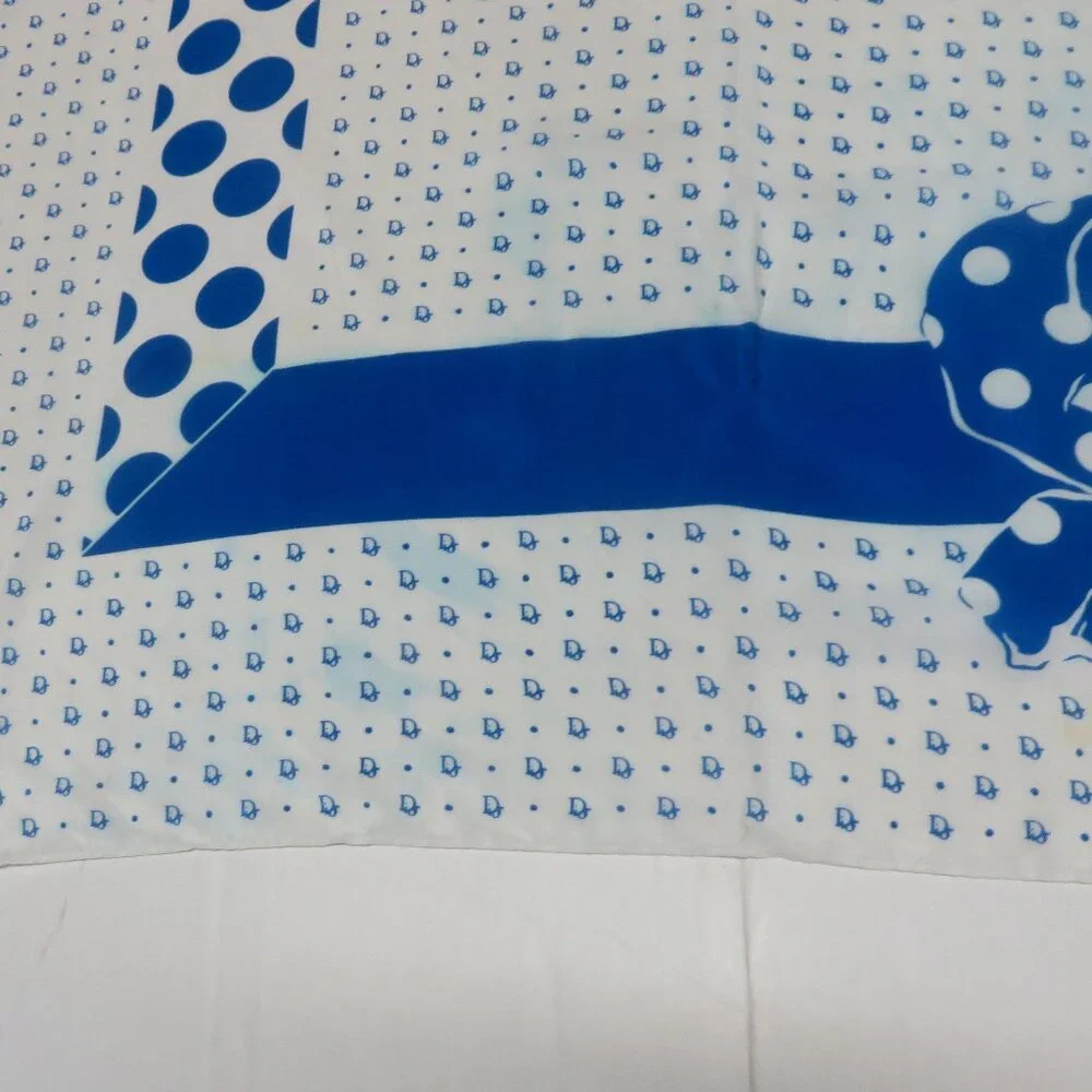 ❤️CHRISTIAN DIOR Blue White Polka Dot Logo Silk Scarf Shawl Wrap Plump Hem
